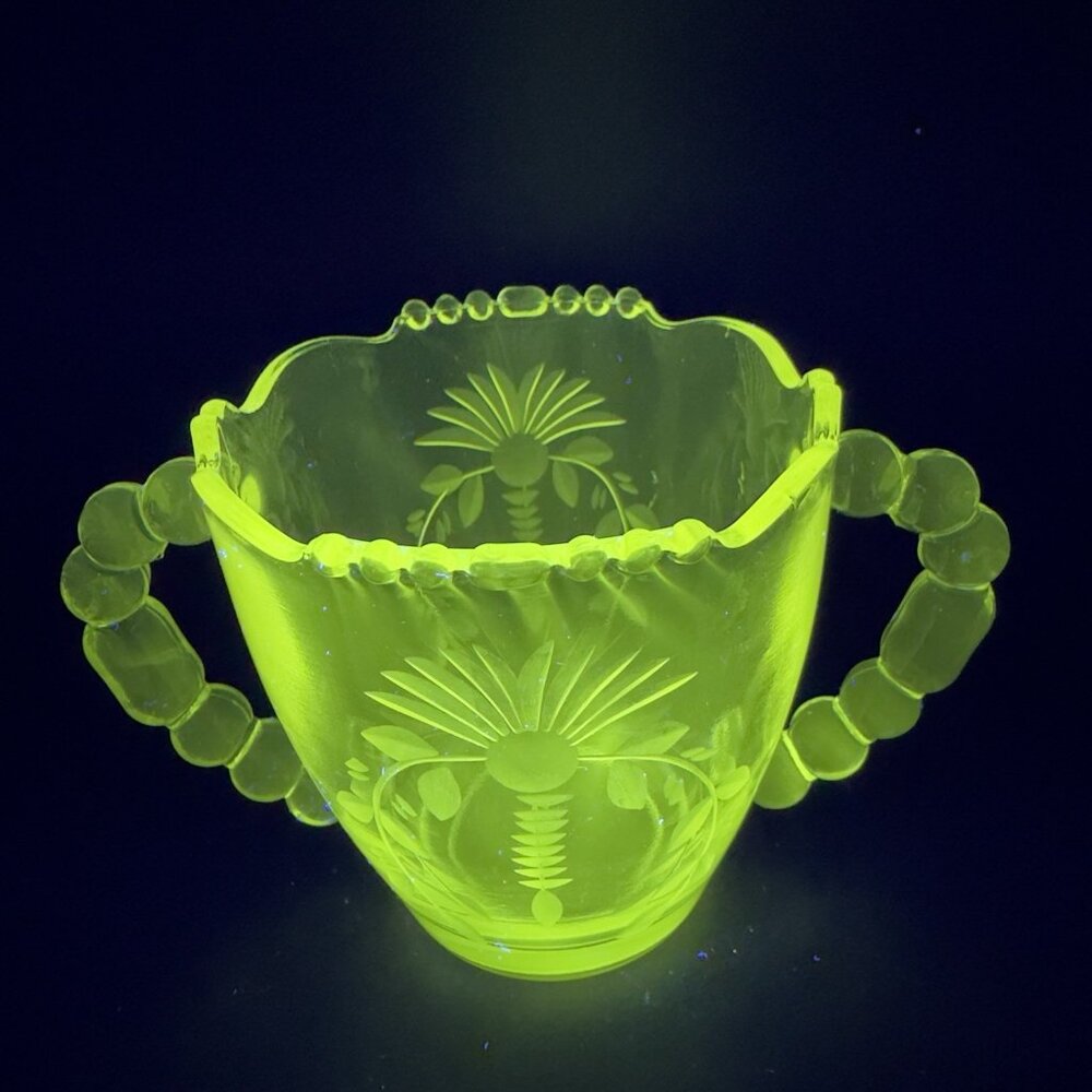 Antique WJ Hughes Clear Etched Flower Sugar Bowl Dish Manganese 365nm UV Glow